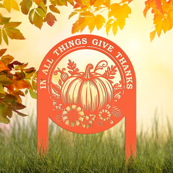 Give Thanks Outdoor Decoration - Fall Harvest Metal Yard Art - Thanksgiving Pumpkin Lawn Stake - Charming Autumn Decor - Cute Farmhouse Sign