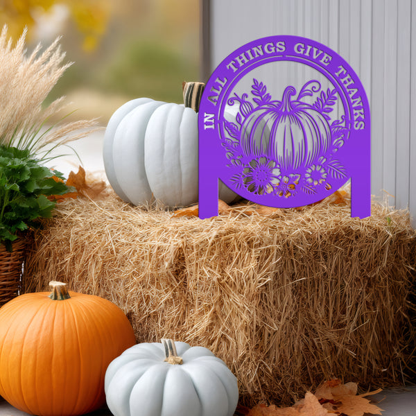 Give Thanks Outdoor Decoration - Fall Harvest Metal Yard Art - Thanksgiving Pumpkin Lawn Stake - Charming Autumn Decor - Cute Farmhouse Sign