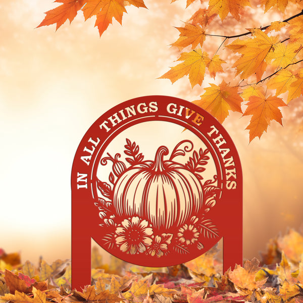 Give Thanks Outdoor Decoration - Fall Harvest Metal Yard Art - Thanksgiving Pumpkin Lawn Stake - Charming Autumn Decor - Cute Farmhouse Sign