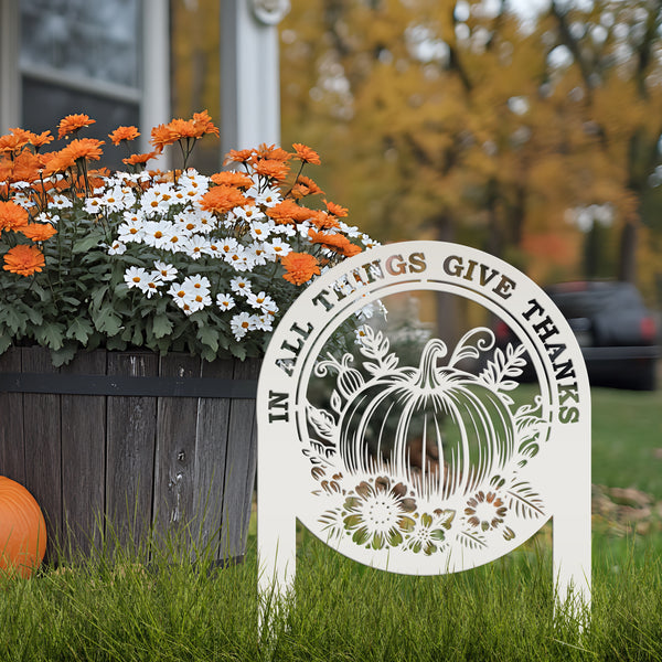 Give Thanks Outdoor Decoration - Fall Harvest Metal Yard Art - Thanksgiving Pumpkin Lawn Stake - Charming Autumn Decor - Cute Farmhouse Sign