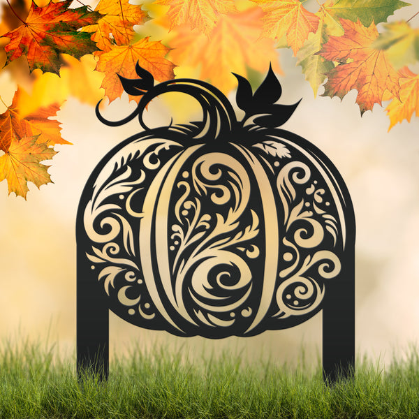Decorative Harvest Pumpkin Metal Yard Art for Autumn - Charming Fall Outdoor Display - Unique Thanksgiving Yard Stake - Scroll Pumpkin Signs