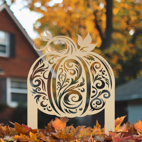 Decorative Harvest Pumpkin Metal Yard Art for Autumn - Charming Fall Outdoor Display - Unique Thanksgiving Yard Stake - Scroll Pumpkin Signs