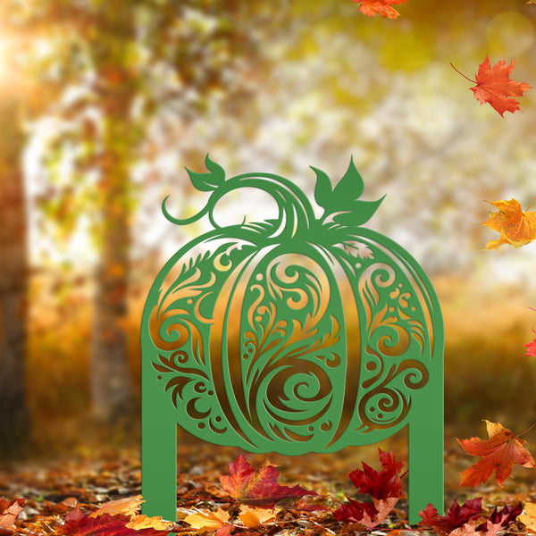 Decorative Harvest Pumpkin Metal Yard Art for Autumn - Charming Fall Outdoor Display - Unique Thanksgiving Yard Stake - Scroll Pumpkin Signs