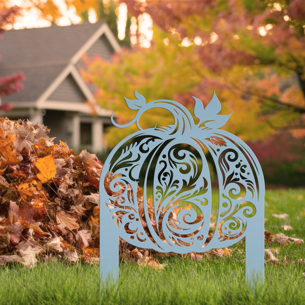 Decorative Harvest Pumpkin Metal Yard Art for Autumn - Charming Fall Outdoor Display - Unique Thanksgiving Yard Stake - Scroll Pumpkin Signs