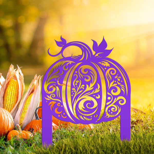 Decorative Harvest Pumpkin Metal Yard Art for Autumn - Charming Fall Outdoor Display - Unique Thanksgiving Yard Stake - Scroll Pumpkin Signs
