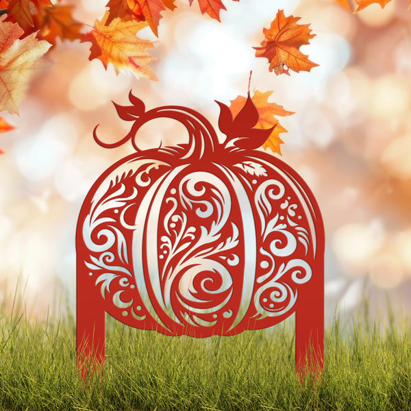 Decorative Harvest Pumpkin Metal Yard Art for Autumn - Charming Fall Outdoor Display - Unique Thanksgiving Yard Stake - Scroll Pumpkin Signs