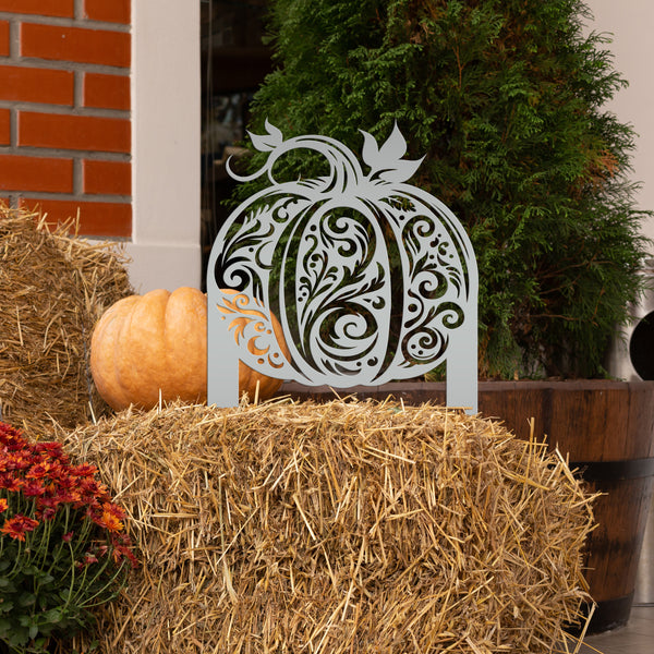 Decorative Harvest Pumpkin Metal Yard Art for Autumn - Charming Fall Outdoor Display - Unique Thanksgiving Yard Stake - Scroll Pumpkin Signs