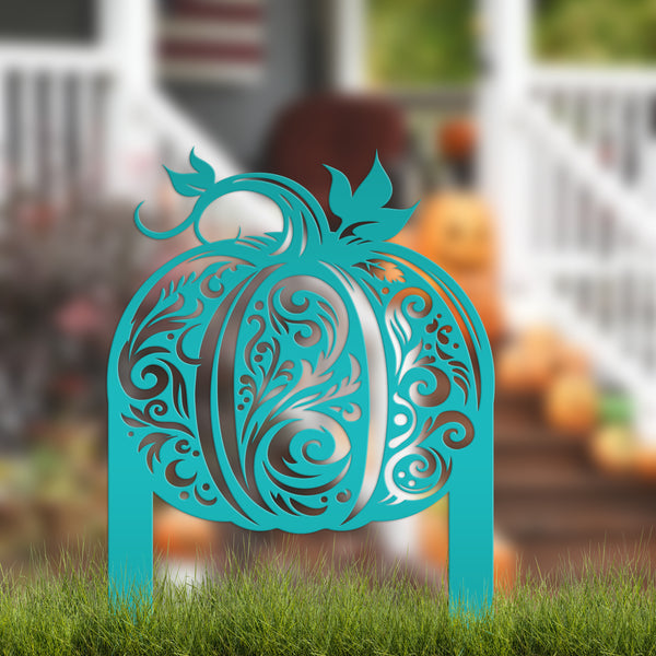 Decorative Harvest Pumpkin Metal Yard Art for Autumn - Charming Fall Outdoor Display - Unique Thanksgiving Yard Stake - Scroll Pumpkin Signs