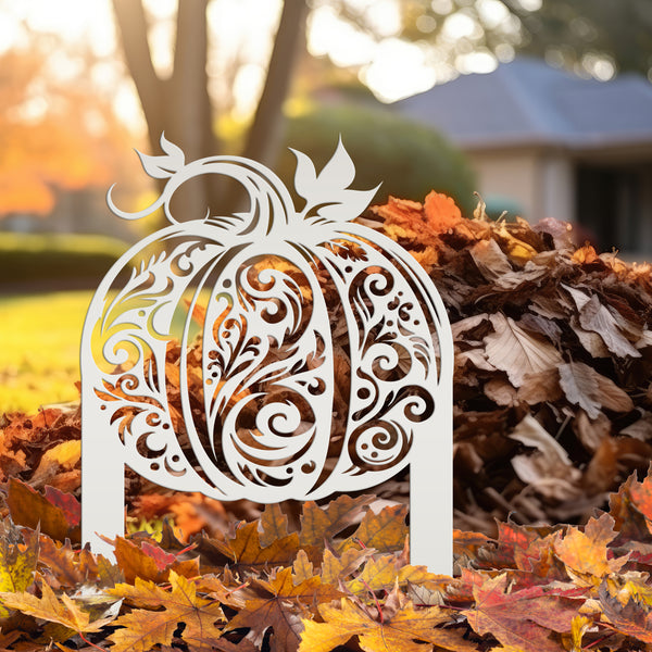 Decorative Harvest Pumpkin Metal Yard Art for Autumn - Charming Fall Outdoor Display - Unique Thanksgiving Yard Stake - Scroll Pumpkin Signs