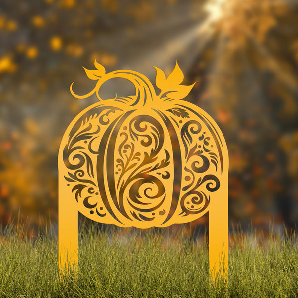 Decorative Harvest Pumpkin Metal Yard Art for Autumn - Charming Fall Outdoor Display - Unique Thanksgiving Yard Stake - Scroll Pumpkin Signs