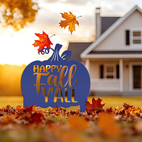 Happy Fall Y'all Pumpkin Metal Yard Stake - Autumn Decor