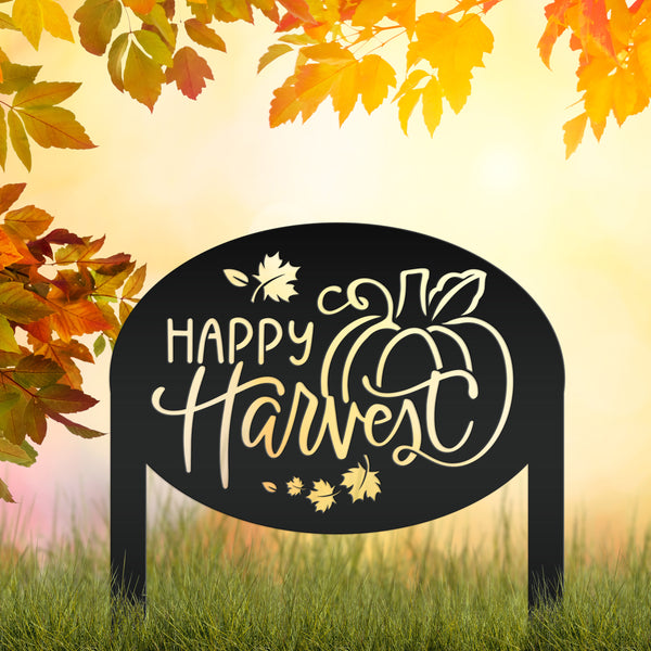 Happy Harvest Yard Art - Autumn Metal Garden Stake - Fall Garden Decoration - Outdoor Seasonal Decor - Unique Pumpkin Sign - Lawn Ornament