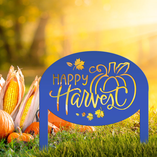 Happy Harvest Yard Art - Autumn Metal Garden Stake - Fall Garden Decoration - Outdoor Seasonal Decor - Unique Pumpkin Sign - Lawn Ornament