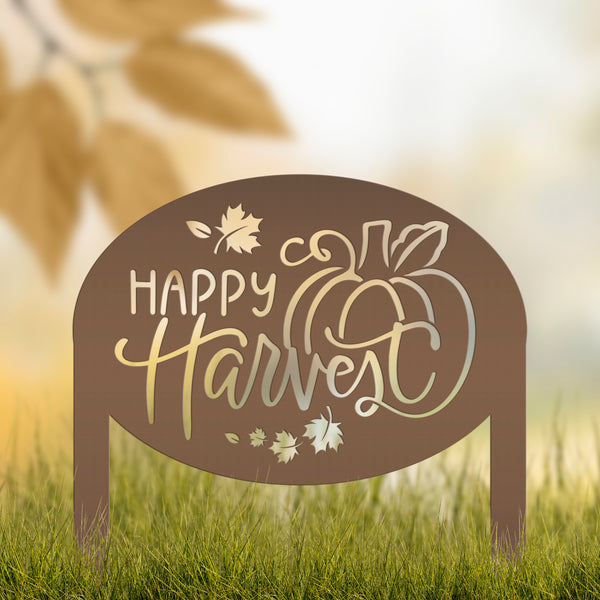 Happy Harvest Yard Art - Autumn Metal Garden Stake - Fall Garden Decoration - Outdoor Seasonal Decor - Unique Pumpkin Sign - Lawn Ornament