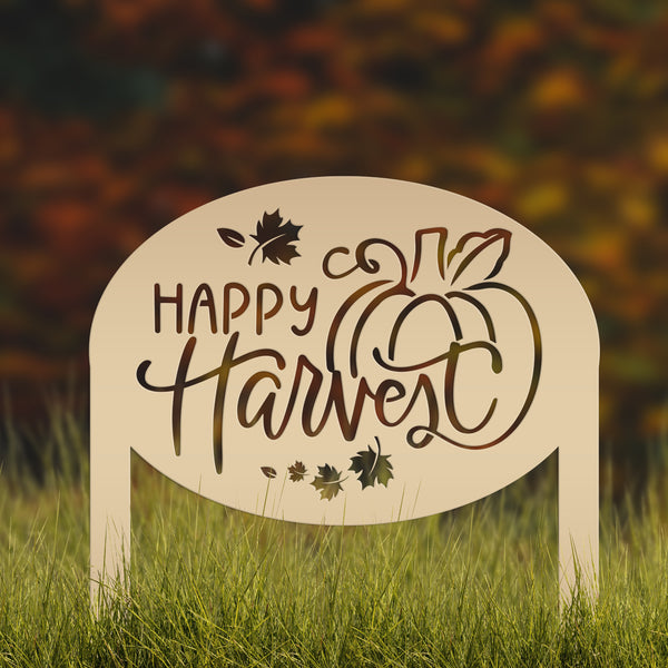 Happy Harvest Yard Art - Autumn Metal Garden Stake - Fall Garden Decoration - Outdoor Seasonal Decor - Unique Pumpkin Sign - Lawn Ornament