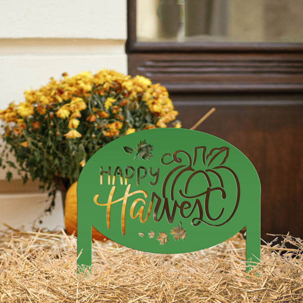 Happy Harvest Yard Art - Autumn Metal Garden Stake - Fall Garden Decoration - Outdoor Seasonal Decor - Unique Pumpkin Sign - Lawn Ornament