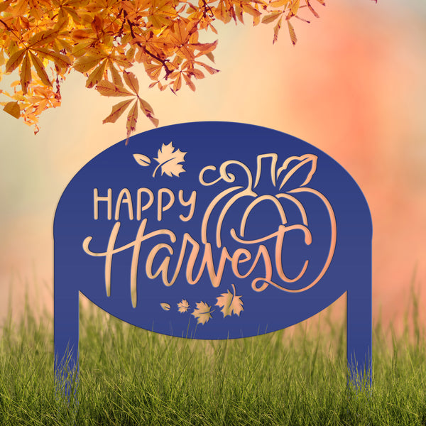 Happy Harvest Yard Art - Autumn Metal Garden Stake - Fall Garden Decoration - Outdoor Seasonal Decor - Unique Pumpkin Sign - Lawn Ornament