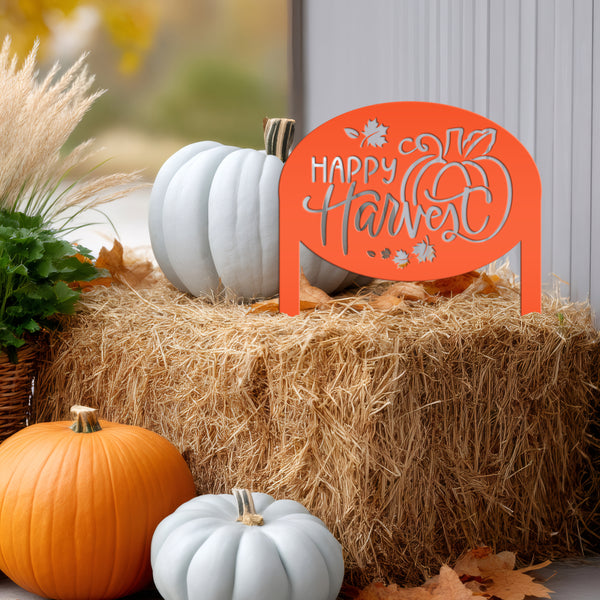 Happy Harvest Yard Art - Autumn Metal Garden Stake - Fall Garden Decoration - Outdoor Seasonal Decor - Unique Pumpkin Sign - Lawn Ornament