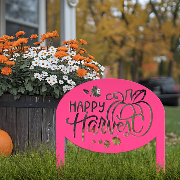Happy Harvest Yard Art - Autumn Metal Garden Stake - Fall Garden Decoration - Outdoor Seasonal Decor - Unique Pumpkin Sign - Lawn Ornament