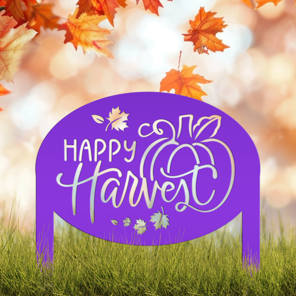 Happy Harvest Yard Art - Autumn Metal Garden Stake - Fall Garden Decoration - Outdoor Seasonal Decor - Unique Pumpkin Sign - Lawn Ornament