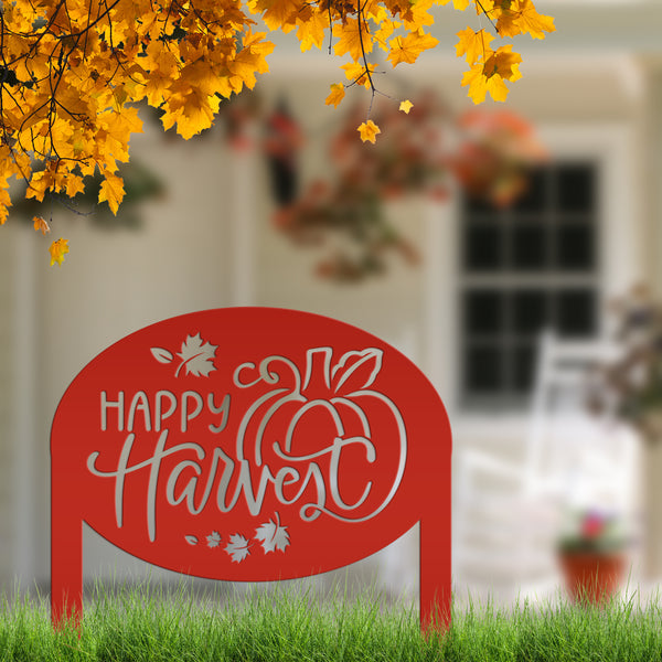 Happy Harvest Yard Art - Autumn Metal Garden Stake - Fall Garden Decoration - Outdoor Seasonal Decor - Unique Pumpkin Sign - Lawn Ornament