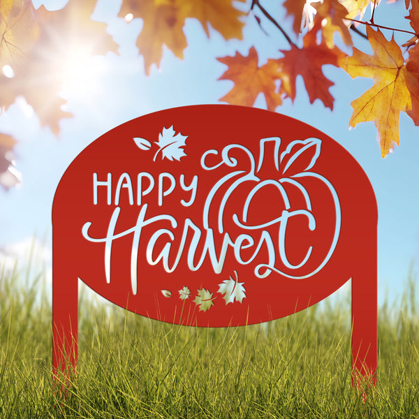 Happy Harvest Yard Art - Autumn Metal Garden Stake - Fall Garden Decoration - Outdoor Seasonal Decor - Unique Pumpkin Sign - Lawn Ornament