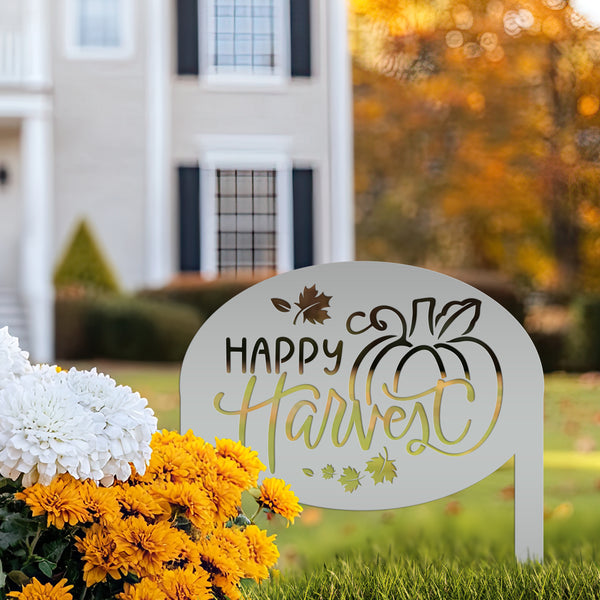 Happy Harvest Yard Art - Autumn Metal Garden Stake - Fall Garden Decoration - Outdoor Seasonal Decor - Unique Pumpkin Sign - Lawn Ornament