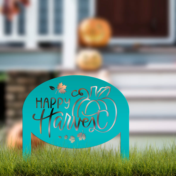 Happy Harvest Yard Art - Autumn Metal Garden Stake - Fall Garden Decoration - Outdoor Seasonal Decor - Unique Pumpkin Sign - Lawn Ornament