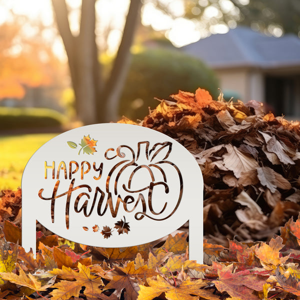 Happy Harvest Yard Art - Autumn Metal Garden Stake - Fall Garden Decoration - Outdoor Seasonal Decor - Unique Pumpkin Sign - Lawn Ornament