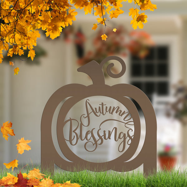 Pumpkin Autumn Blessings Metal Yard Stake -Outdoor Fall Decor