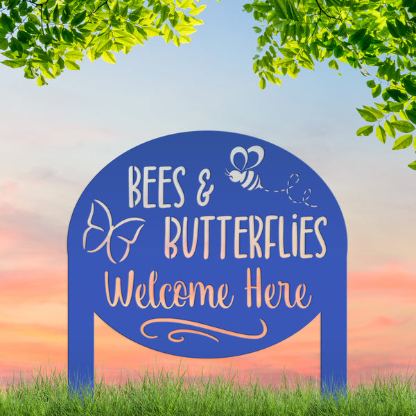 Bees & Butterflies Welcome Metal Yard Stake, Outdoor Garden Bee and Butterfly Decor, Flowerbed Yard Decor