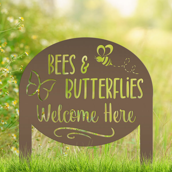 Bees & Butterflies Welcome Metal Yard Stake, Outdoor Garden Bee and Butterfly Decor, Flowerbed Yard Decor