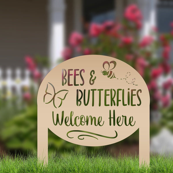 Bees & Butterflies Welcome Metal Yard Stake, Outdoor Garden Bee and Butterfly Decor, Flowerbed Yard Decor