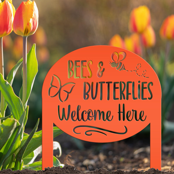 Bees & Butterflies Welcome Metal Yard Stake, Outdoor Garden Bee and Butterfly Decor, Flowerbed Yard Decor