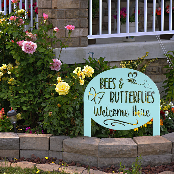 Bees & Butterflies Welcome Metal Yard Stake, Outdoor Garden Bee and Butterfly Decor, Flowerbed Yard Decor