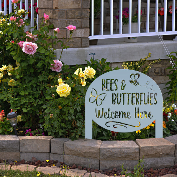 Bees & Butterflies Welcome Metal Yard Stake, Outdoor Garden Bee and Butterfly Decor, Flowerbed Yard Decor