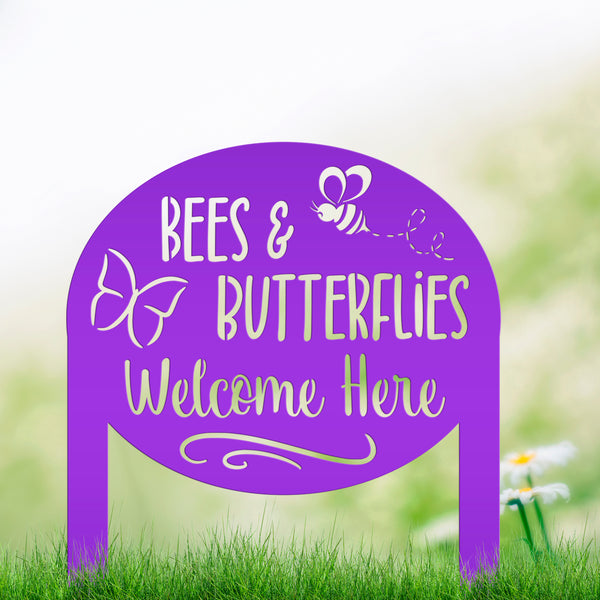 Bees & Butterflies Welcome Metal Yard Stake - Outdoor Garden Decor