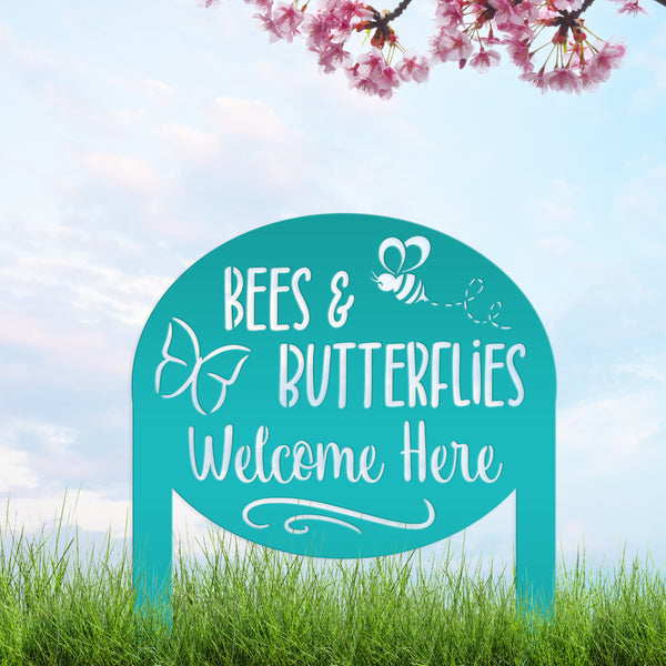 Bees & Butterflies Welcome Metal Yard Stake - Outdoor Garden Decor