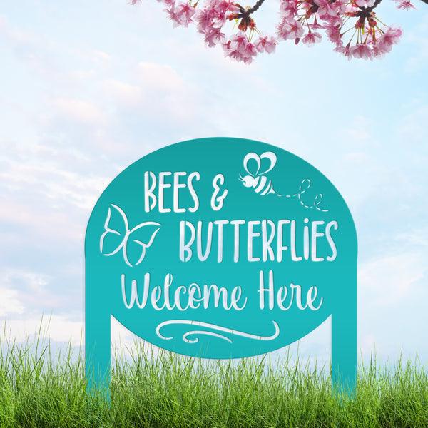 Bees & Butterflies Welcome Metal Yard Stake, Outdoor Garden Bee and Butterfly Decor, Flowerbed Yard Decor