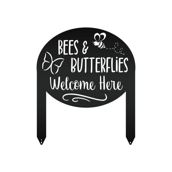 Bees & Butterflies Welcome Metal Yard Stake, Outdoor Garden Bee and Butterfly Decor, Flowerbed Yard Decor