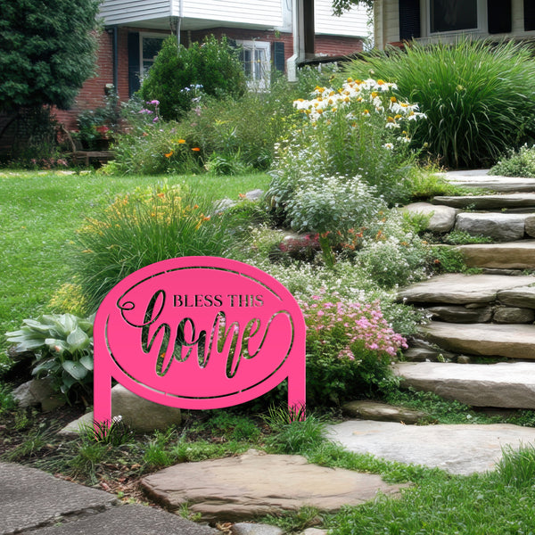 Bless This Home Metal Garden Stake Decoration - Oval Christian Quote Home Decor - Outdoor Laser Cut Yard Stake - Unique Housewarming Gifts