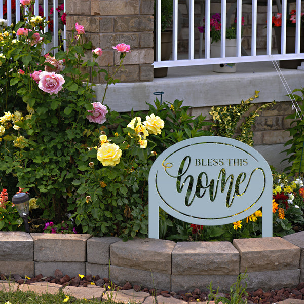 Bless This Home Metal Garden Stake Decoration - Oval Christian Quote Home Decor - Outdoor Laser Cut Yard Stake - Unique Housewarming Gifts