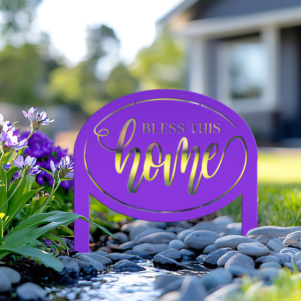 Bless This Home Metal Garden Stake Decoration - Oval Christian Quote Home Decor - Outdoor Laser Cut Yard Stake - Unique Housewarming Gifts