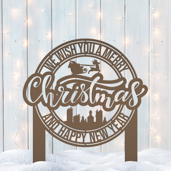 Merry Christmas Metal Yard Stake - Santa and Reindeer - Christmas Decor
