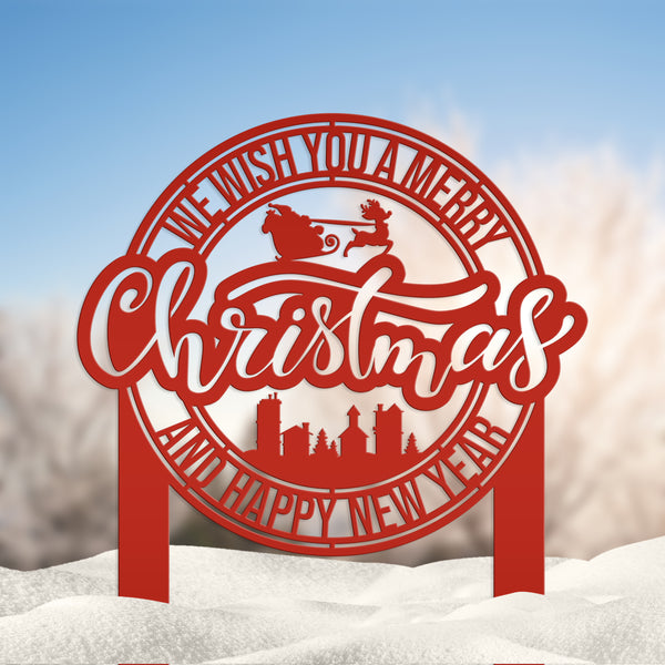 Merry Christmas Metal Yard Stake - Santa and Reindeer - Christmas Decor