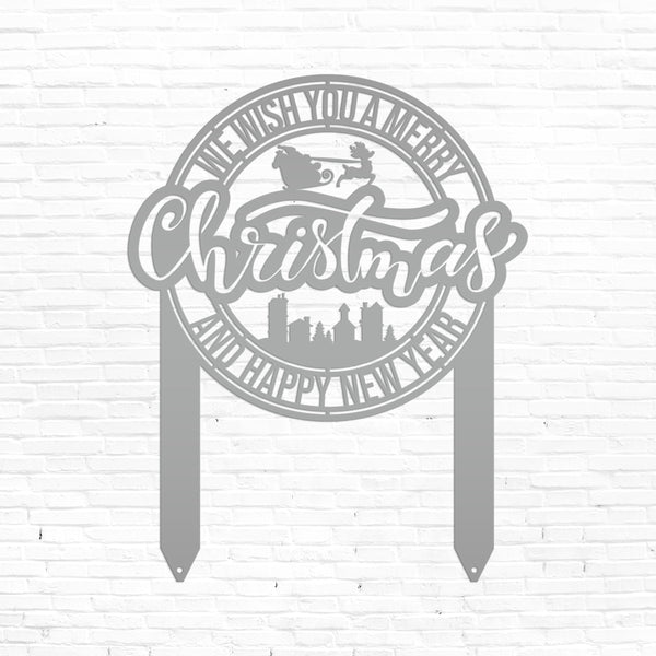 Merry Christmas Metal Yard Stake - Santa and Reindeer - Christmas Decor