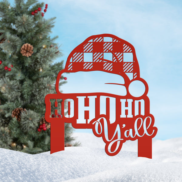 Holiday Santa Hat Metal Stake - Plaid Christmas Yard Ornament - Xmas Greeting Decoration - Unique Seasonal Sign - Cute Outdoor Lawn Art