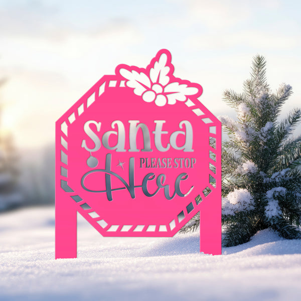 Santa Please Stop Here Metal Yard Stake - Christmas Decor