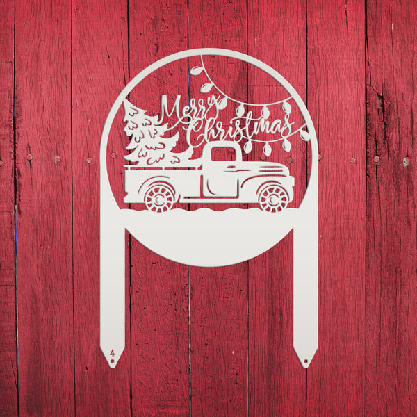 Merry Christmas Sign with Red Truck - Outdoor Christmas Decor - Metal Holiday Decorations