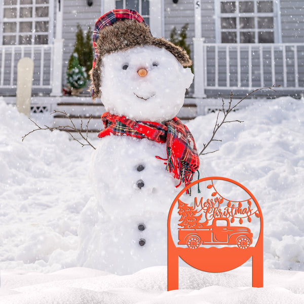 Merry Christmas Sign with Red Truck - Outdoor Christmas Decor - Metal Holiday Decorations